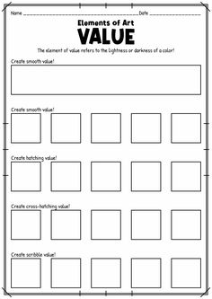 the elements of art value worksheet for students to practice their visual arts skills