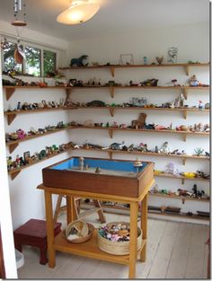 a room filled with lots of toys and shelves