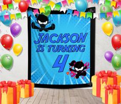 a birthday banner with the name jackson is turning 4 in front of balloons and streamers