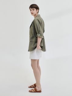 Editor's notesThis lightweight, soft jacket features airy linen blend fabric. It is accentuated with adjustable string waist for feminine style. - Soft and airy linen blend fabric- Natural, relaxed silhouette for comfortable fit- Classic collar design and button fastenings through front- Casual wide chest and side pockets- Adjustable string waistMeasurements(in.)Size One Size(XS-M)- Neck+Sleeve: 23.62 in - Bust: 23.43 in - Sleeve width: 10.63 in - Sleeve hem: 6.10 in - Length: 28.54 in * Model info: Height 5' 8 Bust 32 Waist 22.5 Hip 34Composition & Care- 36% Viscose, 33% Cotton, 28% Linen, 3% Polyurethane - Dry Cleaning only Designer- by NILBY P Soft Jacket, Collar Designs, Field Jacket, Feminine Style, Linen Blend, Comfort Fit