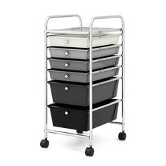 a metal cart with five drawers and four baskets on it's wheels, against a white background