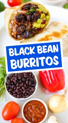 black bean burritos on a plate with salsa and tomatoes