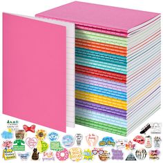 a pink binder with lots of stickers on it