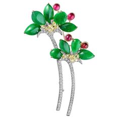 Diamond Flower Brooch, Jade Earrings, Tourmaline Stone, Diamond Flower, Green Jade, Flower Brooch, White Diamonds, Vibrant Red, White Diamond