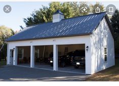 two cars are parked in the garage with their doors open and one car is on the other side