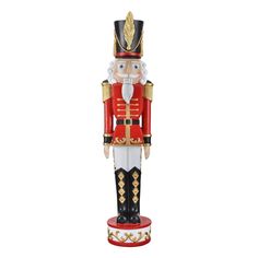 a wooden nutcracker is standing on a white background