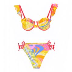 rainbow-yellow-red-pink-blue-orange-multi-color-striped-patterned-cut-out-string-ruffle-trim-sweetheart-neckline-spaghetti-strap-sleeveless-backless-open-back-underwire-push-up-cheeky-thong-boho-bohemian-2-piece-bikini-set-top-and-bottoms-swimsuit-swimwear-bathing-suit-women-ladies-teens-tweens-chic-trendy-spring-2024-summer-feminine-preppy-style-hawaiian-tropical-vacation-beach-wear-frankies-bikinis-blackbough-kulakinis-fillyboo-dupe Preppy Summer, Womens Bathing Suits, Beach Wears, Ruffle Trim, Color Patterns, Multi Color, Trim, Pattern Design, Fabric