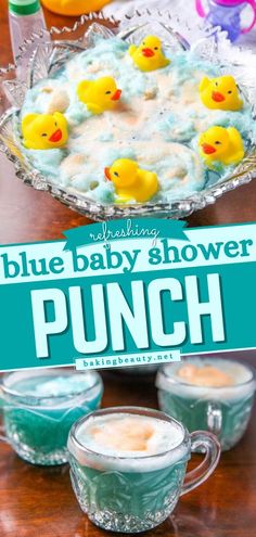 Blue Baby Shower Punch With Ducks, easy punch recipe for baby shower, nonalcoholic drink Blue Baby Shower Punch, Easy Punch Recipe, Party Punch Alcohol, Blue Punch Recipe, Nonalcoholic Drink, Recipe For Baby, April Baby Shower