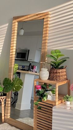 a mirror sitting on top of a wooden shelf next to a potted plant in a vase