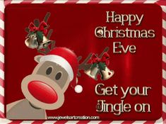 a merry christmas eve card with a monkey wearing a santa hat and reindeer antlers