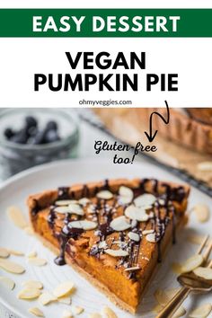 a slice of vegan pumpkin pie with chocolate sauce and almonds on the side