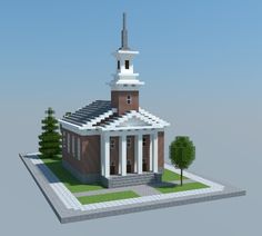 a small church with a steeple and trees on the front lawn is shown in this low poly model