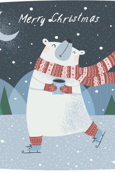 a polar bear is holding a cup in his hand and the words merry christmas are written on it