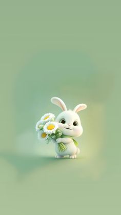 a white rabbit holding a bouquet of daisies