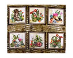 four different pictures of cactus plants and flowers on a brown mosaic tile wall hanging in front of a white background