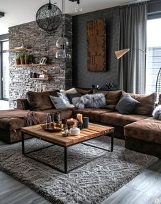 a living room filled with lots of furniture next to a brick wall and flooring