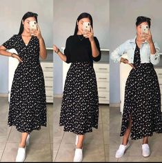 three pictures of a woman taking a selfie with her cell phone and wearing a black floral dress