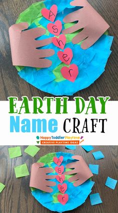 the earth day name craft is made out of paper and colored construction paper with hearts on it