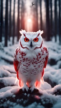 an owl with red eyes standing in the snow