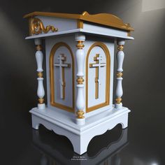 a small white and gold shrine with two crosses on it's sides, in front of a black background