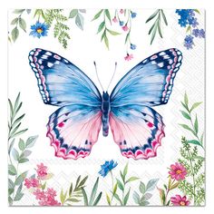 a blue and pink butterfly sitting on top of a white paper napkin with flowers around it