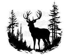 a silhouette of a deer in the woods with trees around it, on a white background