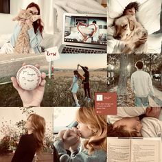 a collage of photos with people and animals in the background, including a woman holding a laptop