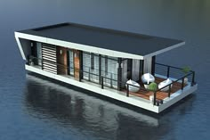 a houseboat floating on top of a body of water next to a dock with chairs and tables