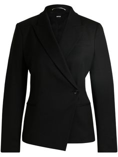 black wool blend double-breasted design off-centre front button fastening wide peak lapels jetted chest pocket long sleeves buttoned cuffs fitted waistline two front welt pockets straight hem Black Double Breasted Suit With Single Button For Work, Sleek Office Blazer With Double-breasted Button, Modern Fitted Double-breasted Blazer, Modern Double-breasted Blazer With Long Sleeves, Sleek Double-breasted Blazer For Workwear, Structured Double-breasted Office Blazer, Structured Double-breasted Blazer For Office, Sleek Double-breasted Blazer For Work, Sleek Semi-formal Blazer With Double-breasted Button