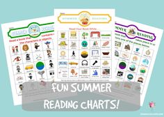 four summer reading chart with the words fun summer reading charts on top and below them