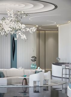 an elegant living room with white furniture and chandelier in the centerpieces