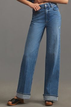 98% cotton, 2% elastane Five-pocket styling Front zip Machine wash Imported | Sasha Cuffed High-Rise Wide-Leg Jeans by PAIGE in Blue, Women's, Size: 23, Cotton/Elastane at Anthropologie Fashion Things, High Rise Wide Leg Jeans, Cuffed Jeans, Wide Leg Jeans, Occasion Dresses, Leg Jeans, Anthropologie, Top Brands, Wide Leg