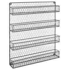 three tiered chicken wire shelf with four shelves on each side and one section open