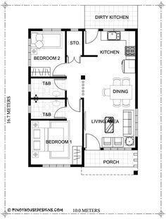 the floor plan for a small house with two bedroom and living room, including an attached kitchen