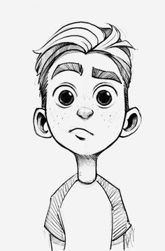 a black and white drawing of a boy with big eyes