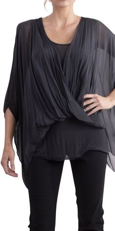 Beautiful Two-piece Solid Color Blouse with Front Twist Fabric. 100% Silk One Size Fits All. Made in Italy. Elegant Draped Tops For Layering, Black Draped Stretch Top, Black Stretch Draped Top, Spring Drapey Top For Night Out, Drapey Party Top, Color Blouse, Black Blouse, One Size Fits All, In Italy