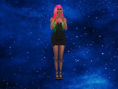 a woman with pink hair is standing in front of a blue and green space filled with stars