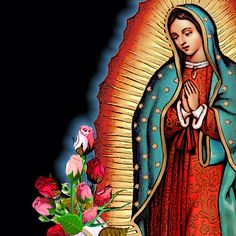 an image of the virgin mary with flowers