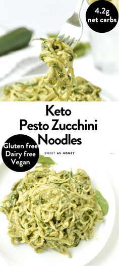 the cover of keto pesto zucchini noodles is shown on a white plate