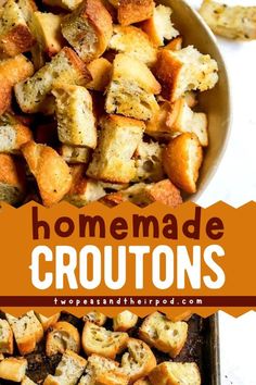 Make your meals extra tasty with Homemade Croutons! This easy salad recipe for dinner is perfect for soups, chowder, chili, or stuffing. Ready in under 30 minutes and so easy to make. Try this easy homemade meal tonight! Homemade Croutons For French Onion Soup, Making Croutons From Bread, Diy Croutons From Bread, Croutons Homemade Oven, How To Make Croutons From Bread, Make Croutons From Bread, Home Made Croutons Recipe, Croutons From Bread, Homemade Croutons Easy