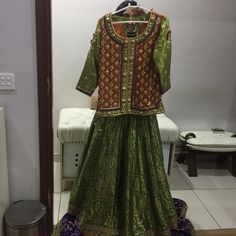 Three Piece Pure Barnarsi Lengha With Four Layers And Heavy Falls Festive Multicolor Formal Dresses, Formal Green Set With Mirror Work, Designer Festive Dresses With Dupatta, Designer Festive Silk Dresses, Festive Designer Silk Dresses, Designer Fitted Festive Dress, Three Piece, Party Dress, Colorful Dresses