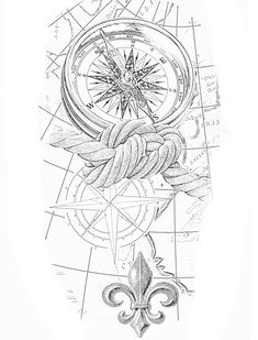 a drawing of a compass, rope and fleur de lis on a white background