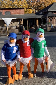 three ducks dressed in football uniforms standing next to each other on the side of the road