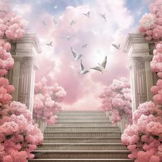 stairs leading up to the sky with pink trees and birds flying over them on a cloudy day