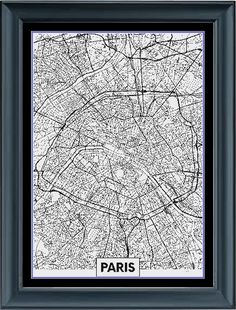 a black and white framed map of paris with the word paris in it's center