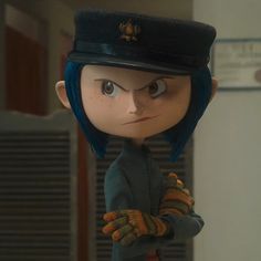 an animated character with blue hair wearing a hat and mittens in a hospital hallway