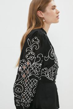 Style: BlouseFabric: OrganzaLength: RegularNeckline: CollarlessSleeve Length: Long Sleeve Black Kurti, Embroidered Summer Dress, Cotton Jackets Women, Emb Designs, Fancy Kurti, Cutwork Embroidery, Casual Wear Dress, Shirt Embroidery, Clothes Crafts