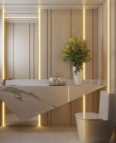 a bathroom with a marble counter top and white toilet next to a plant in a vase