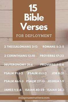 an open bible with the words, 15 bible verses for deployment