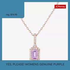 This Yes, Please! multi-stone pendant necklace will add a glam sparkly touch to your outfits. Made from 14K Rose Gold Over Silver, this cable chain necklace comes with an emerald-cut Genuine Purple Amethyst, surrounded by Lab Created White Sapphires. It comes housed in a gift box - get the matching cocktail ring for a complete look. Features: In A Gift BoxJewelry Closure: Spring Ring ClaspSetting: ProngShape: EmeraldStone Cut: EmeraldStone Millimeter Measurement: 6 Mm Length, 4 Mm WidthMetal Co… Purple Jeweled Necklace, Rose Gold Gemstone Necklaces For Party, Rose Gold Gemstone Necklace For Party, Stone Pendant Necklace, Sterling Silver Necklace Pendants, Yes Please, Multi Stone, White Sapphire, Stone Pendant